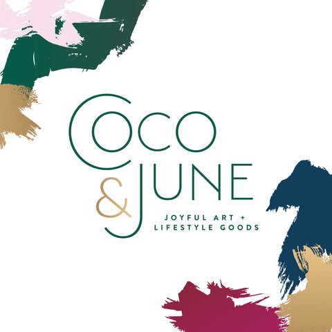 Coco and June, joyful art and lifestyle goods, logo with paint strokes