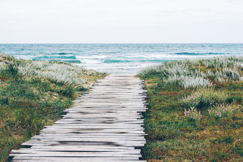 wooden path to ocean