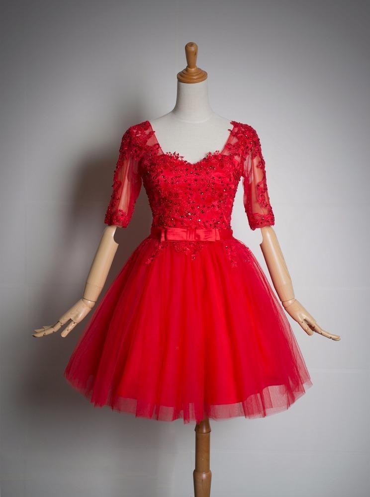 Red Lace Short Sleeves Tulle Knee Length Party Dresses, Red Short Form