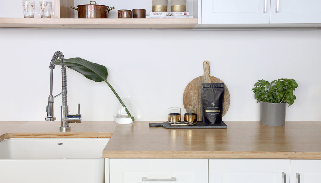 Kitchen with Golden Life product on shelf