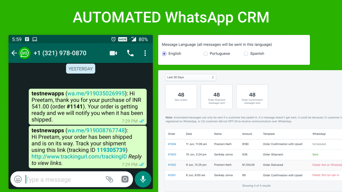 Automated WhatsApp Orders CRM - Order confirmation, Order shipment via