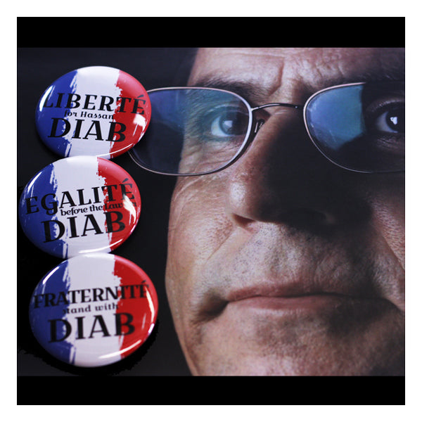 2.25" French Revolution themed Buttons to support Hassan Diab accused terrorist awaiting trial