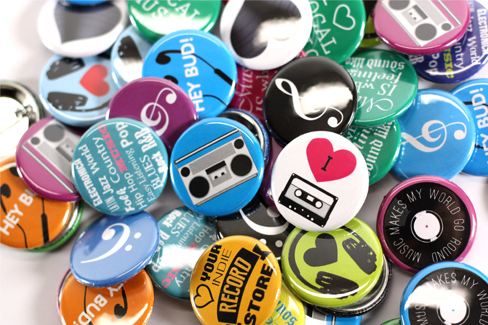 Music Makes The World Go Round Button Pack, Music Buttons, 1-1/4" Buttons, People Power Press Button Collection, Bright, 1-1/4" Pinabck Buttons, 