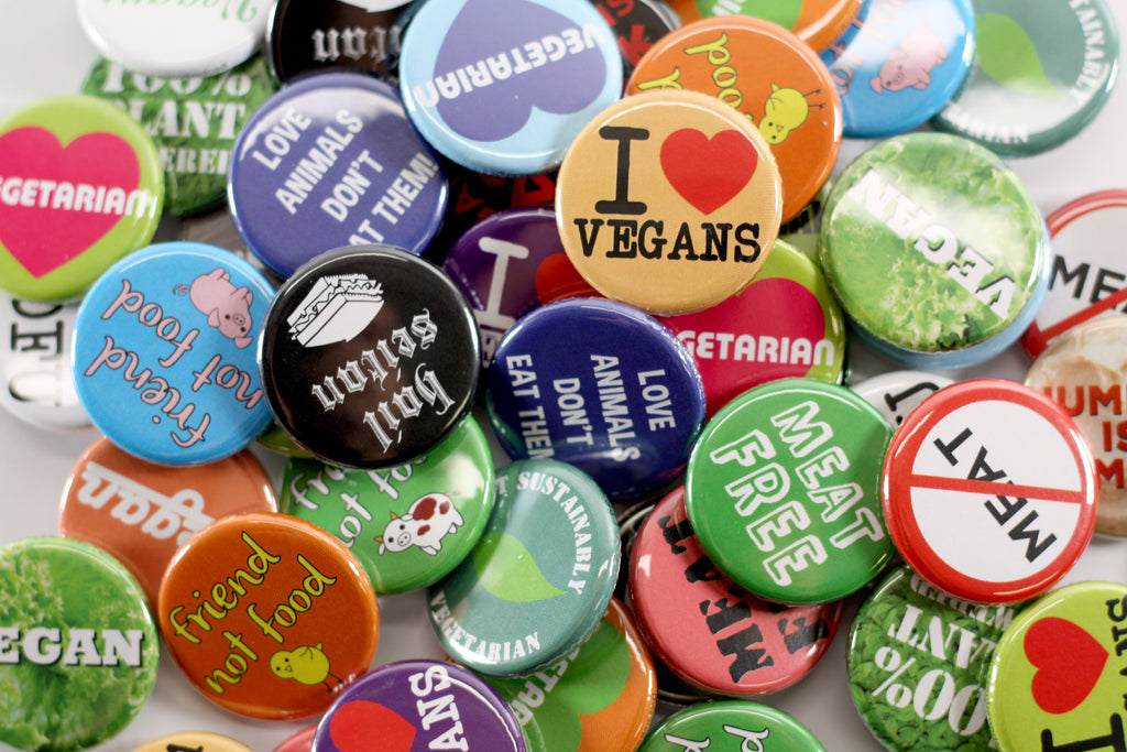 Assorted Vegan and Vegetarian Buttons for World Vegetarian Day