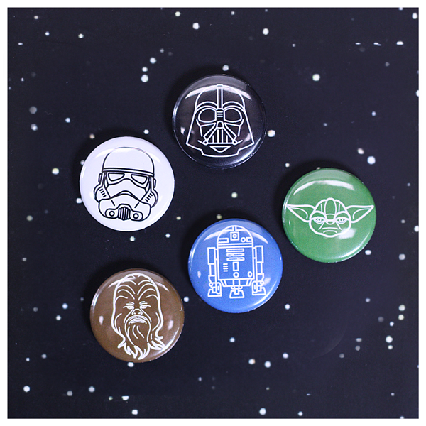 Classic Star Wars Characters Chewbacca, R2-D2, Yoda, Small Collector Buttons 