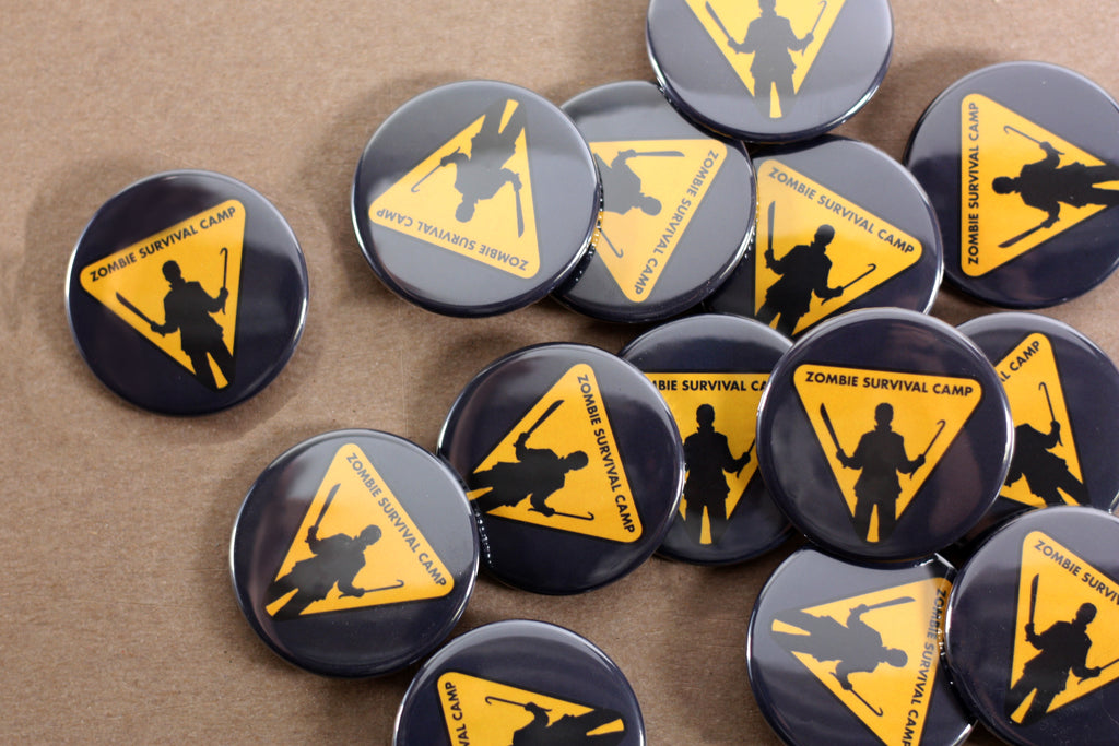 promote your buisness and order your own custom buttons from People Power Press, Zombie Survival Camp Buttons, 