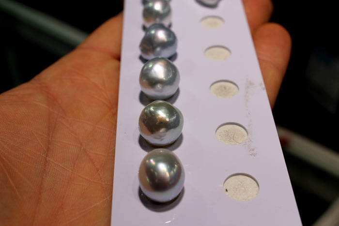 a row of beautiful blue south sea pearls