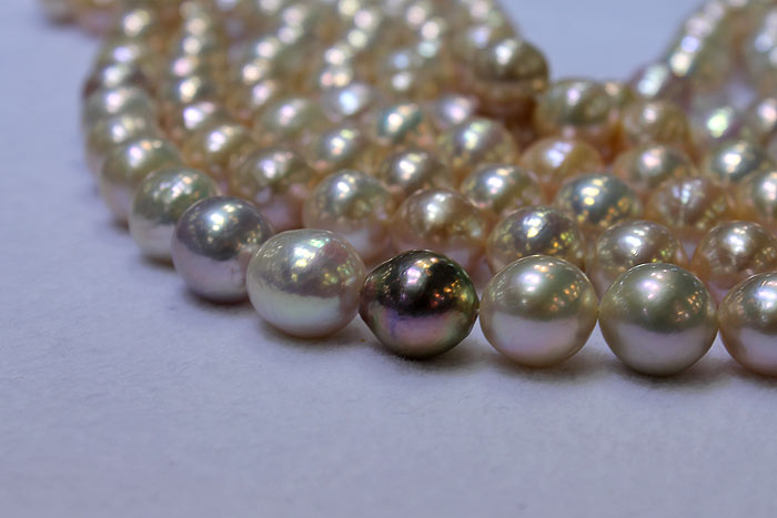 a single dark ripple pearl in the midst of lighter pearls