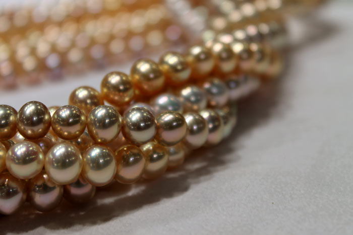 closeup of the freshwater metallic pearls