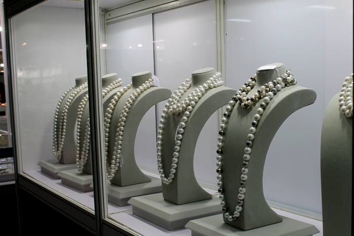 south sea pearl necklaces on display