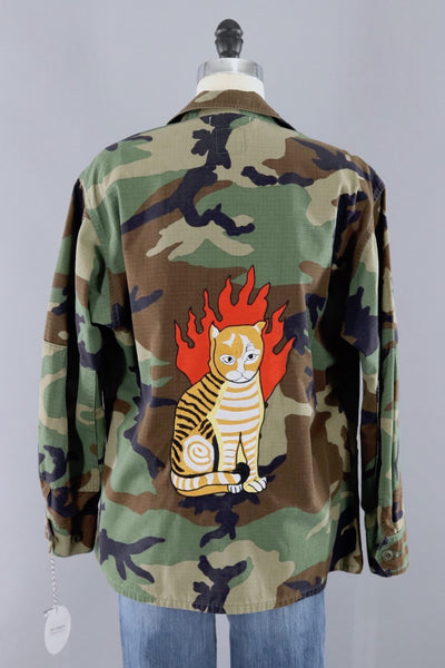 vintage camo jacket with embroidered cat unicorn patch