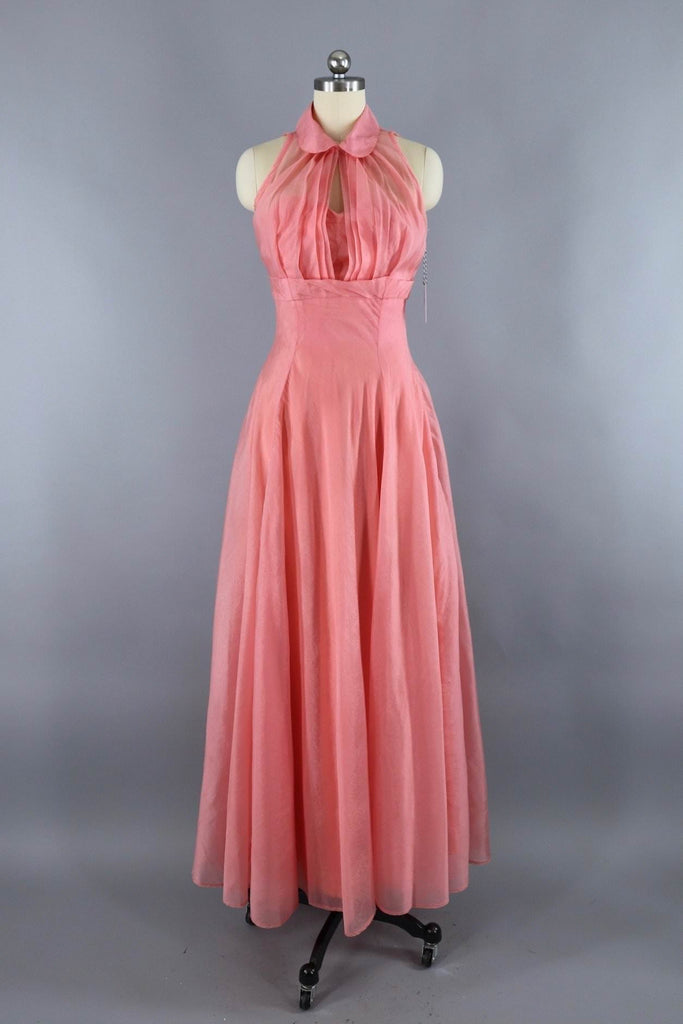 vintage 1950s pink chiffon evening gown