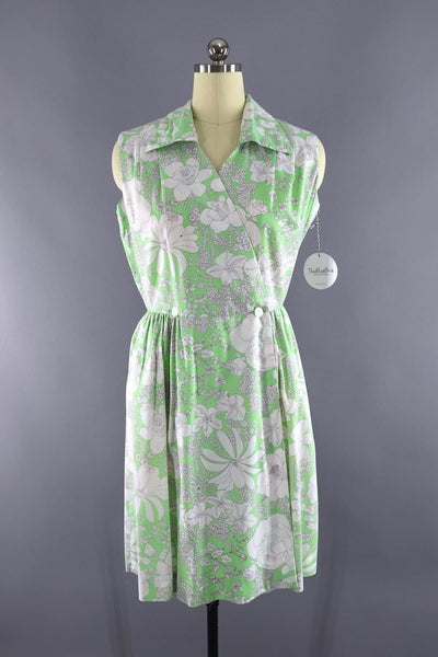 Vintage green floral cotton wrap dress 