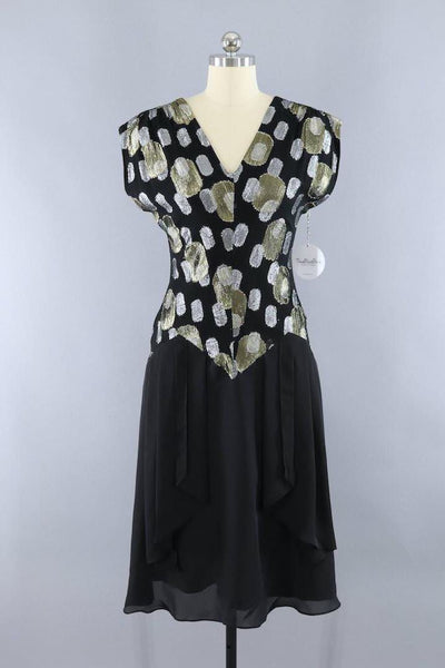 vintage 1980s black and gold chiffon party dress