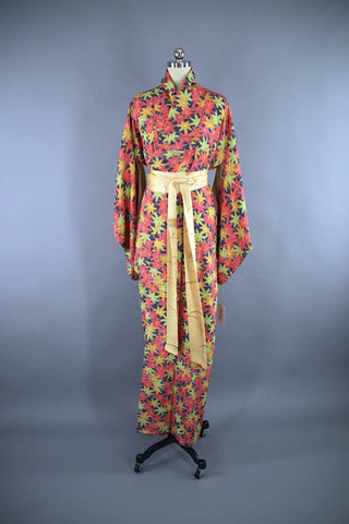 Vintage Silk Kimono Robe Maple Leaf Print ThisBlueBird