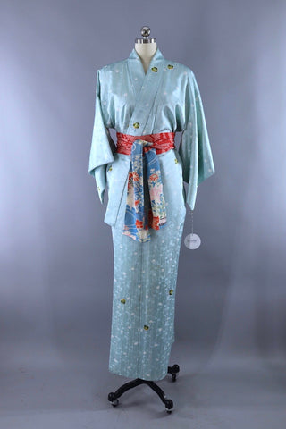 vintage silk kimono robe sky blue floral print ThisBlueBird