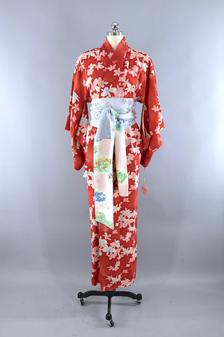 Vintage Silk Kimono Robe Tomato Red Floral Print ThisBlueBird