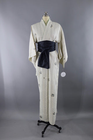 Vintage Silk Kimono Robe White and Grey Stripes ThisBlueBird