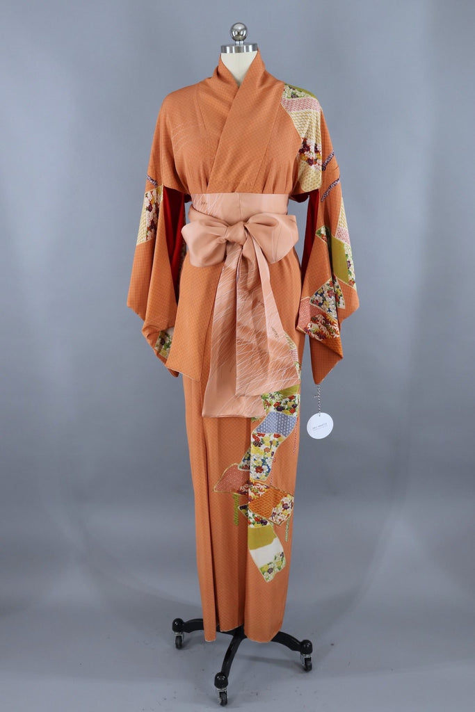 vintage silk kimono robe terra cotta floral print thisbluebird.com