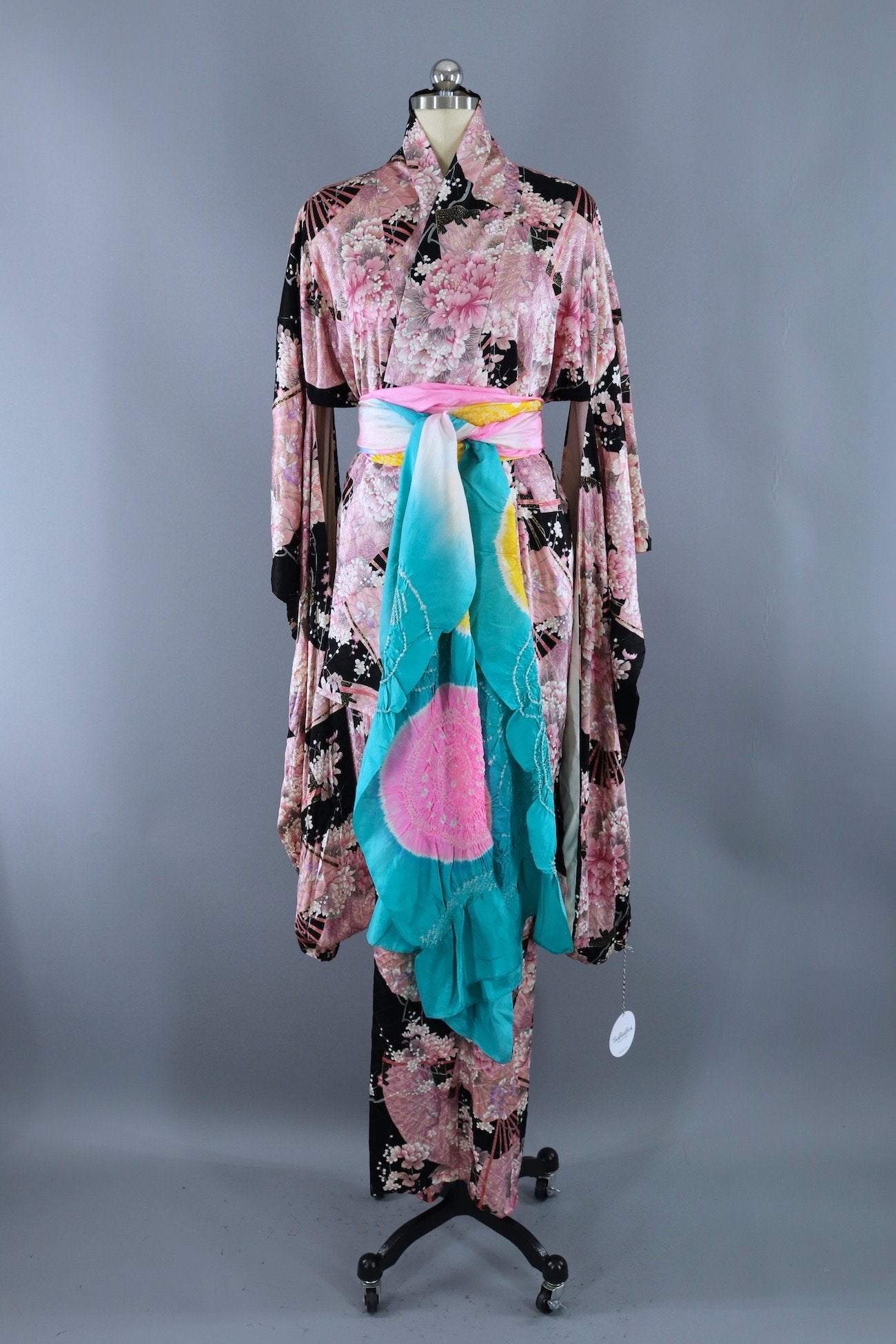 Vintage Silk Satin Kimono Robe Black And Pink Floral Thisbluebird 