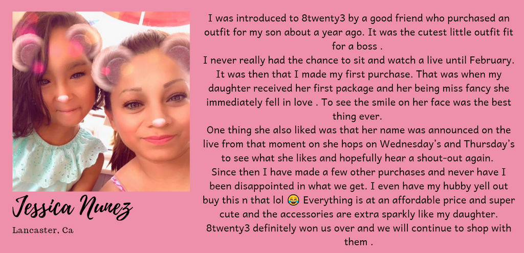 Customer testimonial, with photo of customer and child, positive review