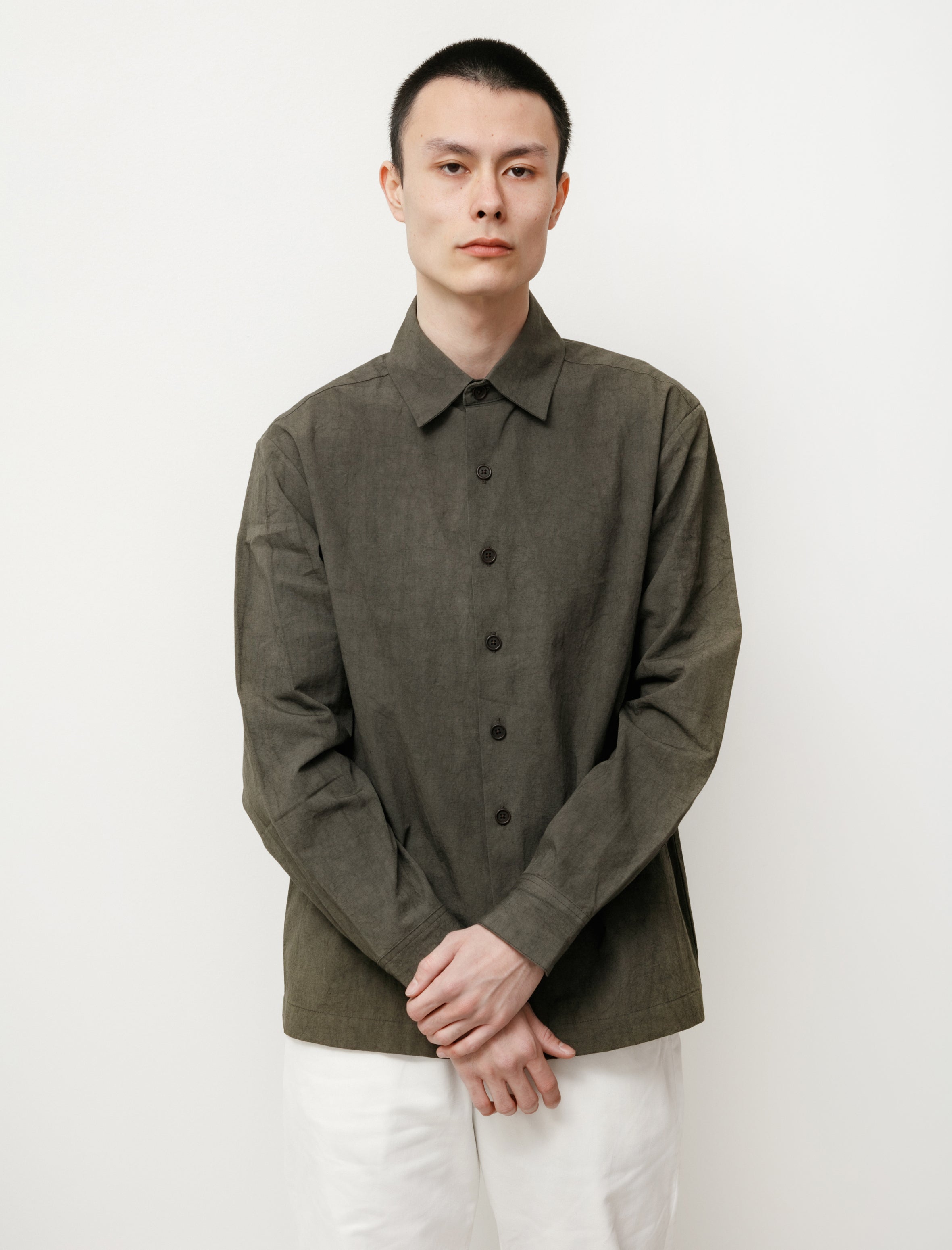 Evan Kinori Flat Hem Shirt Typewriter Cloth Dark Olive