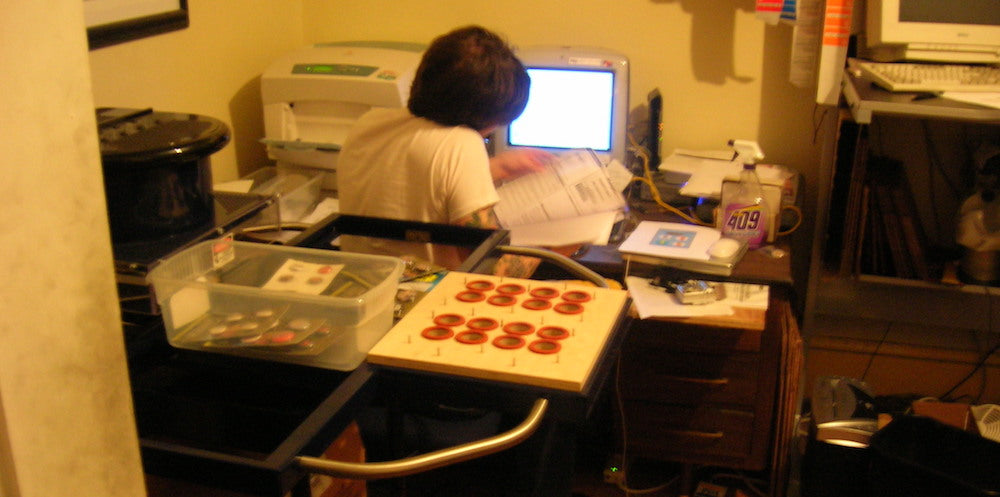 Scott working on his button business in 2005