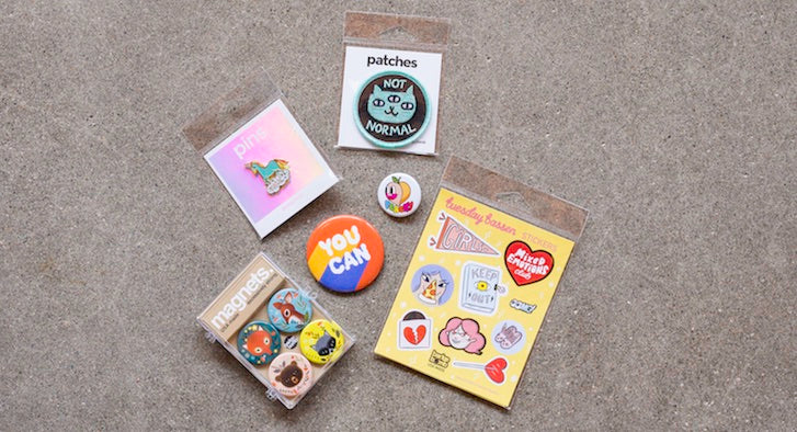 Buttons, enamel pins, and patched