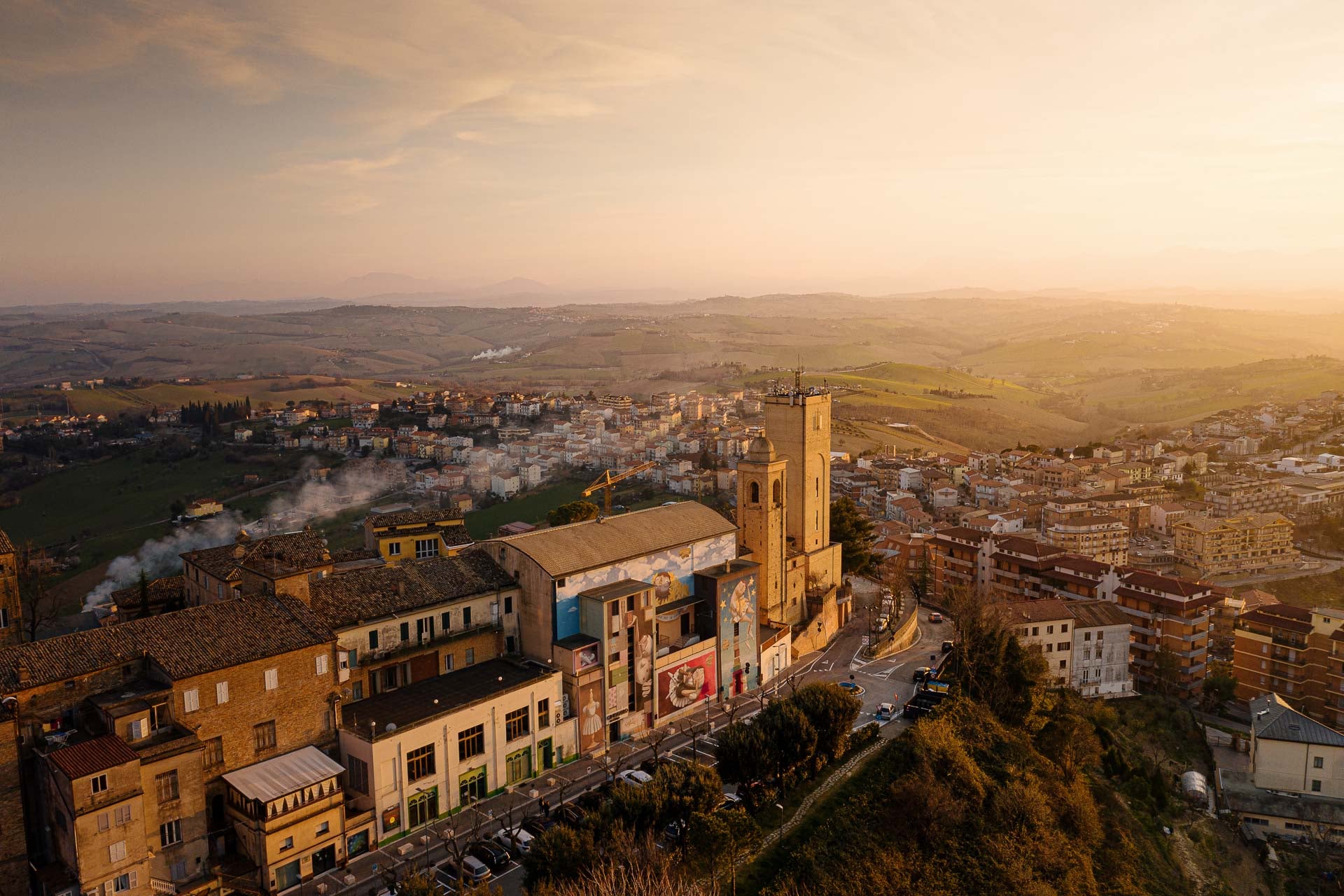 A drone shot of region of Marche, Italy, where Velasca's shoemakers are based. 