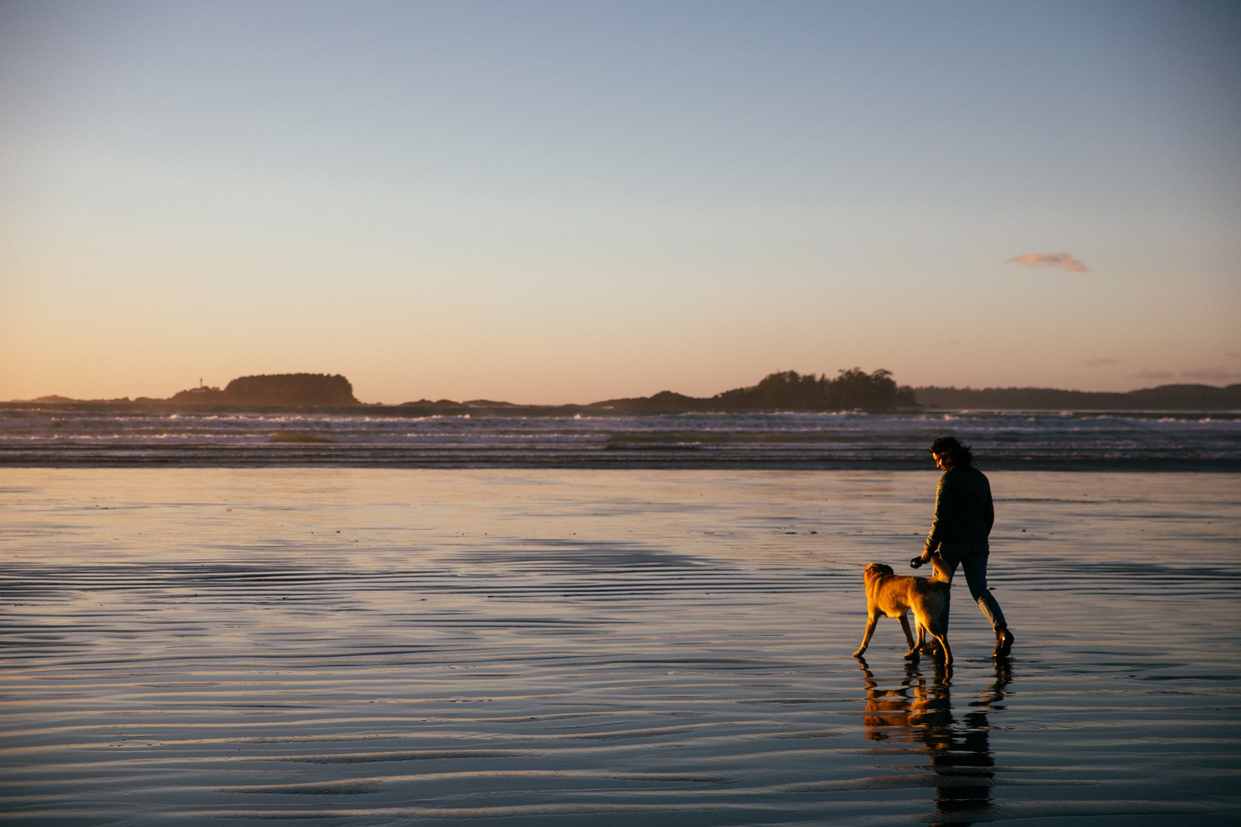 Jen Thorpe in green jacket and jeans, walks her dog on the beach. 