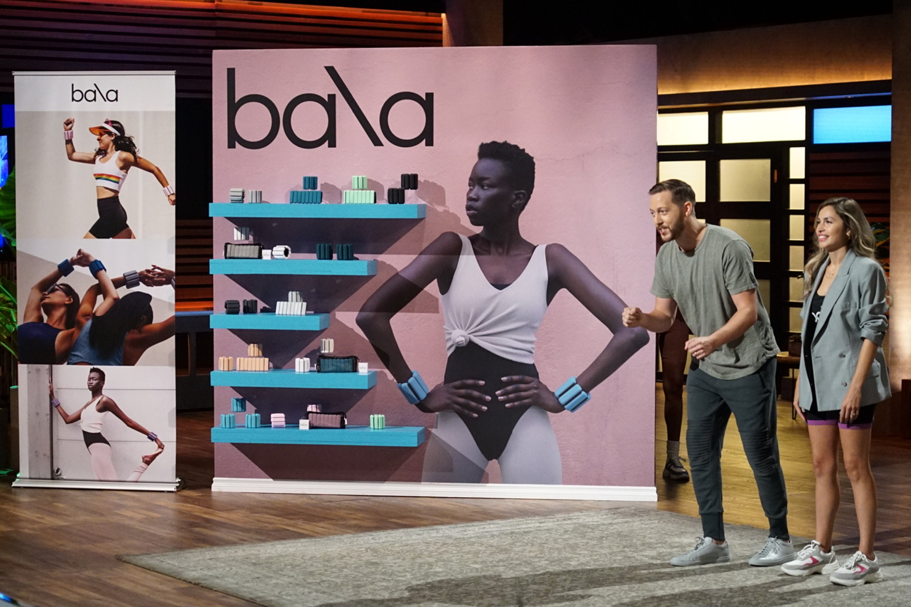 Natalie Holloway and Maximilian Kislevitz on Shark Tank, pitching Bala Bangles to the sharks. 