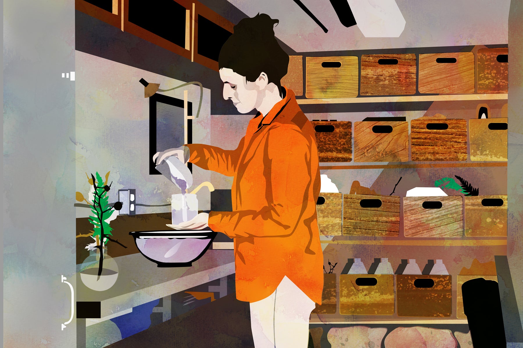 Illustration of Boreal Folk Apothecary founder Raphaëlle Gagnon making soap inside of her custom trailer lab, surrounded by wooden crates.