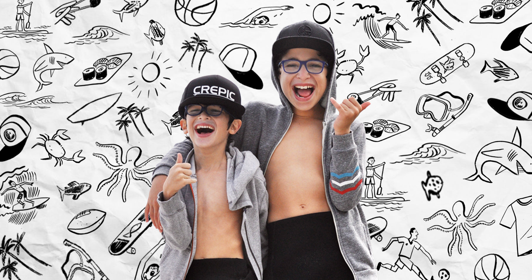 Portrait of Ethan and Merritt Perlyn, the young founders of Crepic. Surrounding them are illustrations that reflect their business, hobbies and dreams.