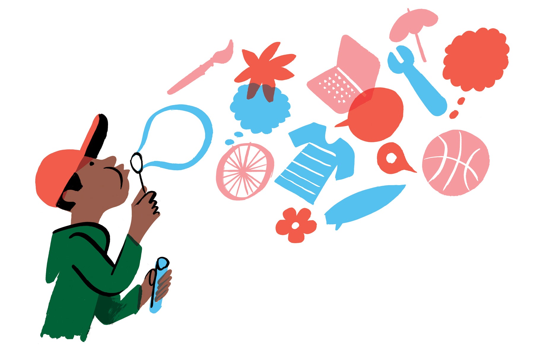 Illustration of a young black boy with a green sweatshirt and red baseball cap, blowing bubbles out of a wand. The bubbles are forming shapes that represent his business but also his hobbies and future goals.