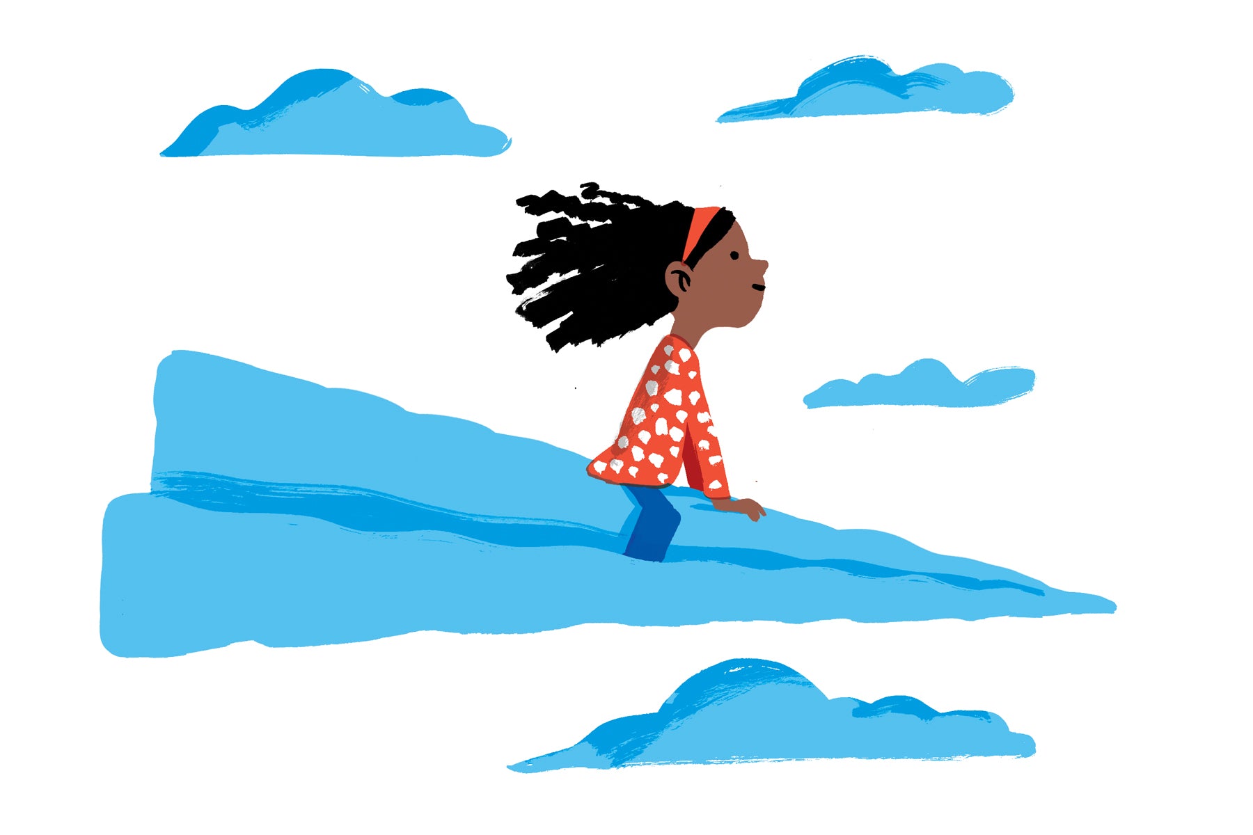 Illustration of a little girl riding on a paper airplane, through the clouds.
