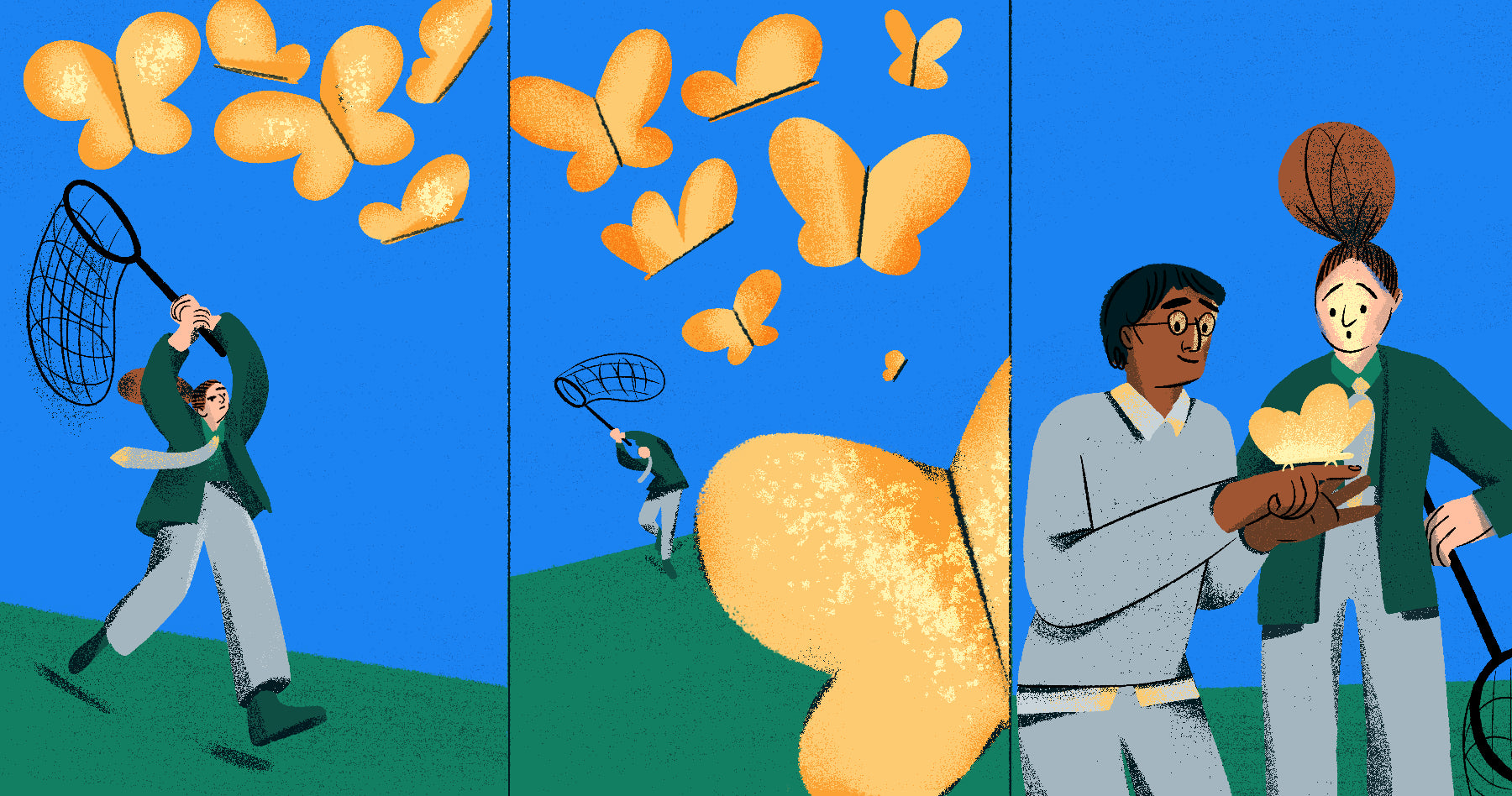 Illustration of a young woman in a sequence of frames that show her trying to catch a butterfly. In the last frame we see a man whose caught one and is showing it to the young woman. The butterflies are a metaphor for deciding which business idea to start.