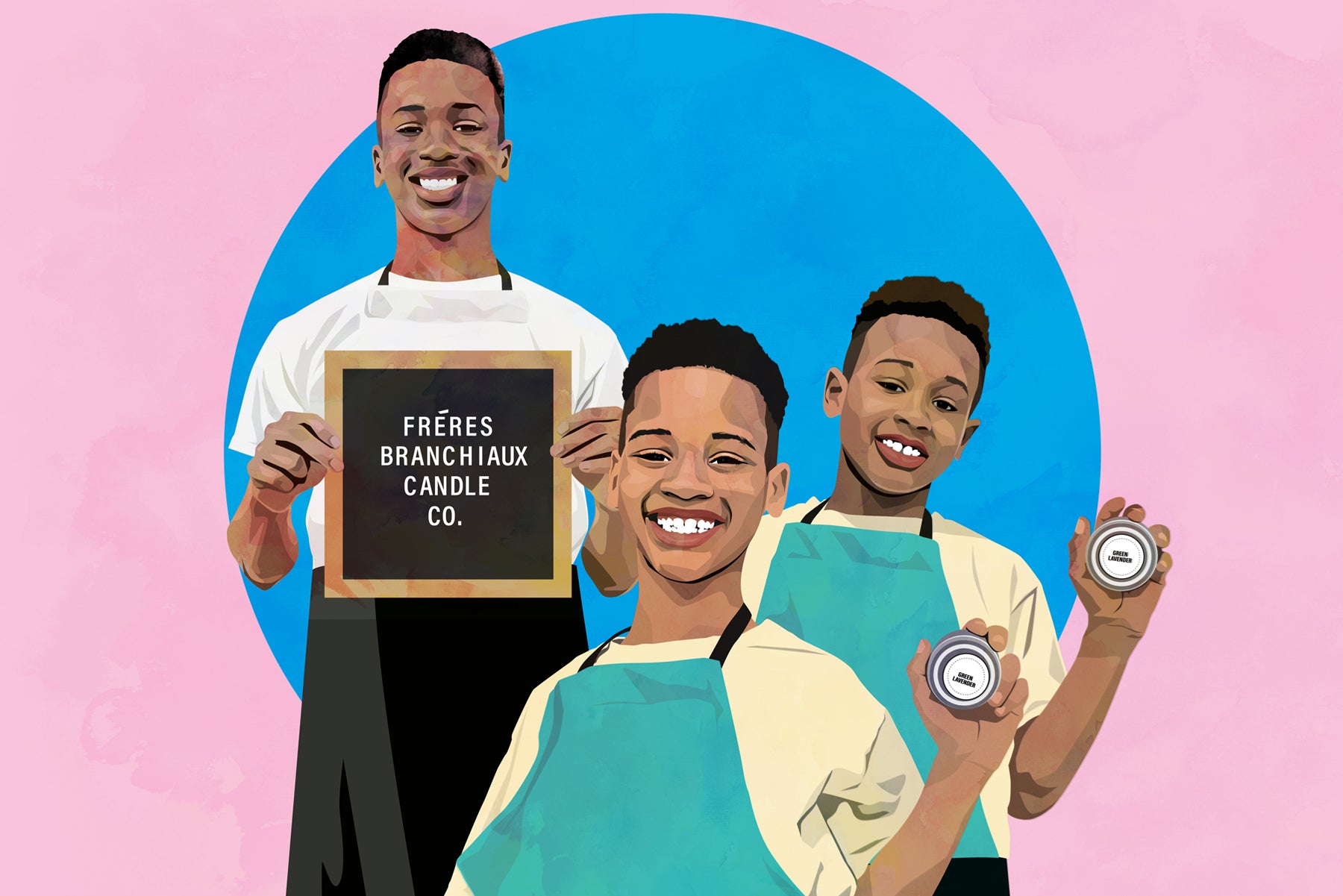 Illustration of the three sibling founders of Frères Branchiaux, smiling and holding their product. One holds a sign that reads "Frères Branchiaux Candle Co."