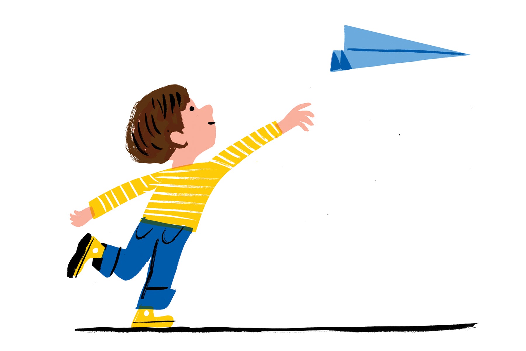 Illustration of a little boy flying a paper airplane.