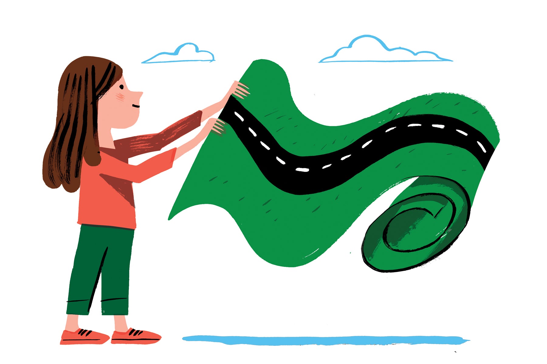 Illustration of a young caucasian girl in a red shirt with green pants, rolling out a carpet made of a road. This is a metaphor for how she started her business but also, also her future as an entrepreneur.