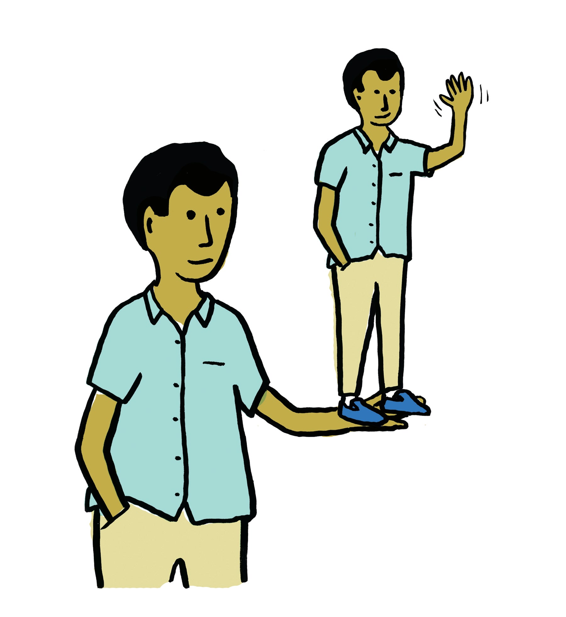 Illustration of an ethnically ambiguous teenager, holding a mini version of himself in his hand, as a metaphor for introducing himself. 