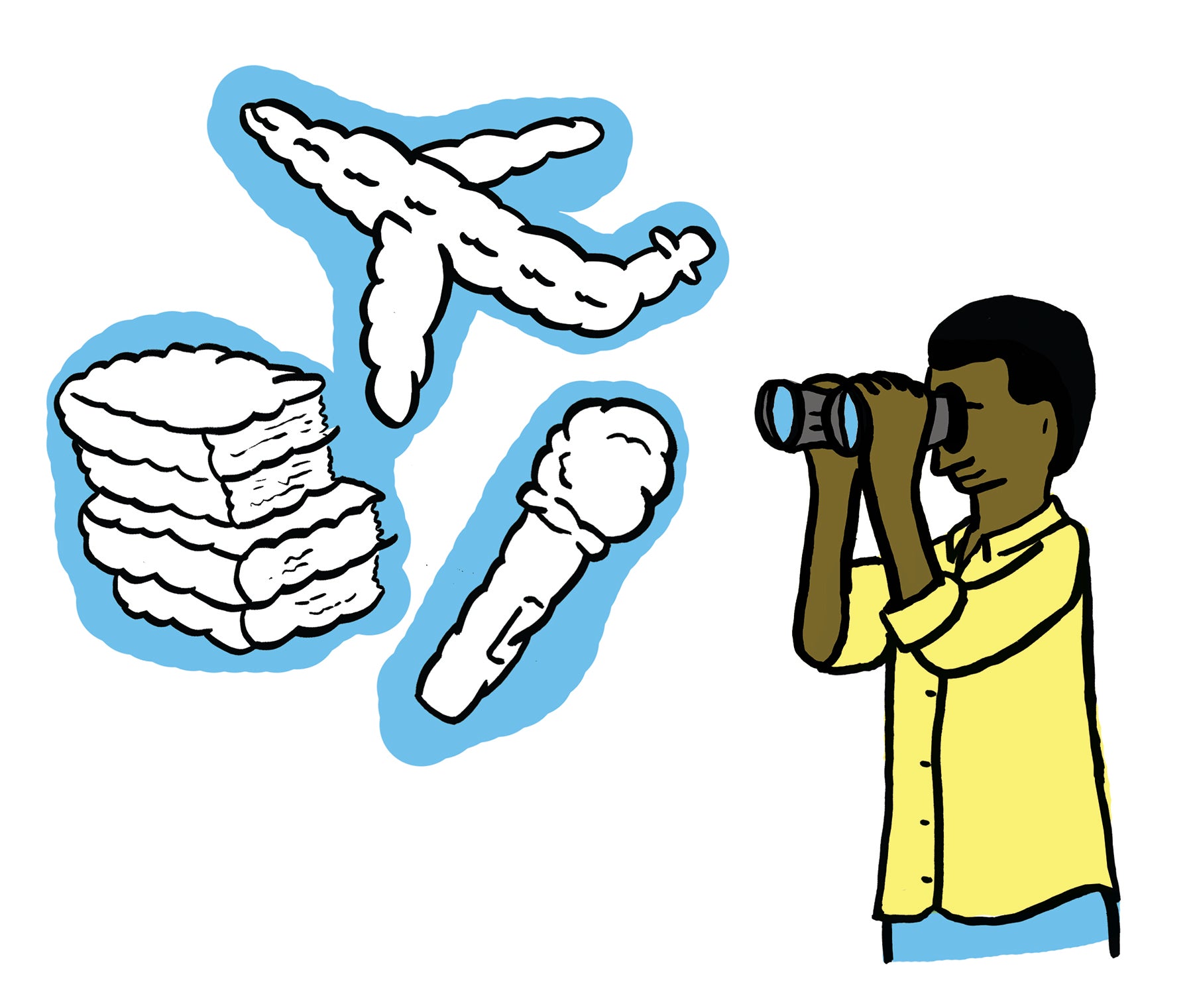 Illustration of a young black man looking through binoculars at clouds in the shape of his future goals (books/learning, airplane/travelling, microphone/public speaking). 