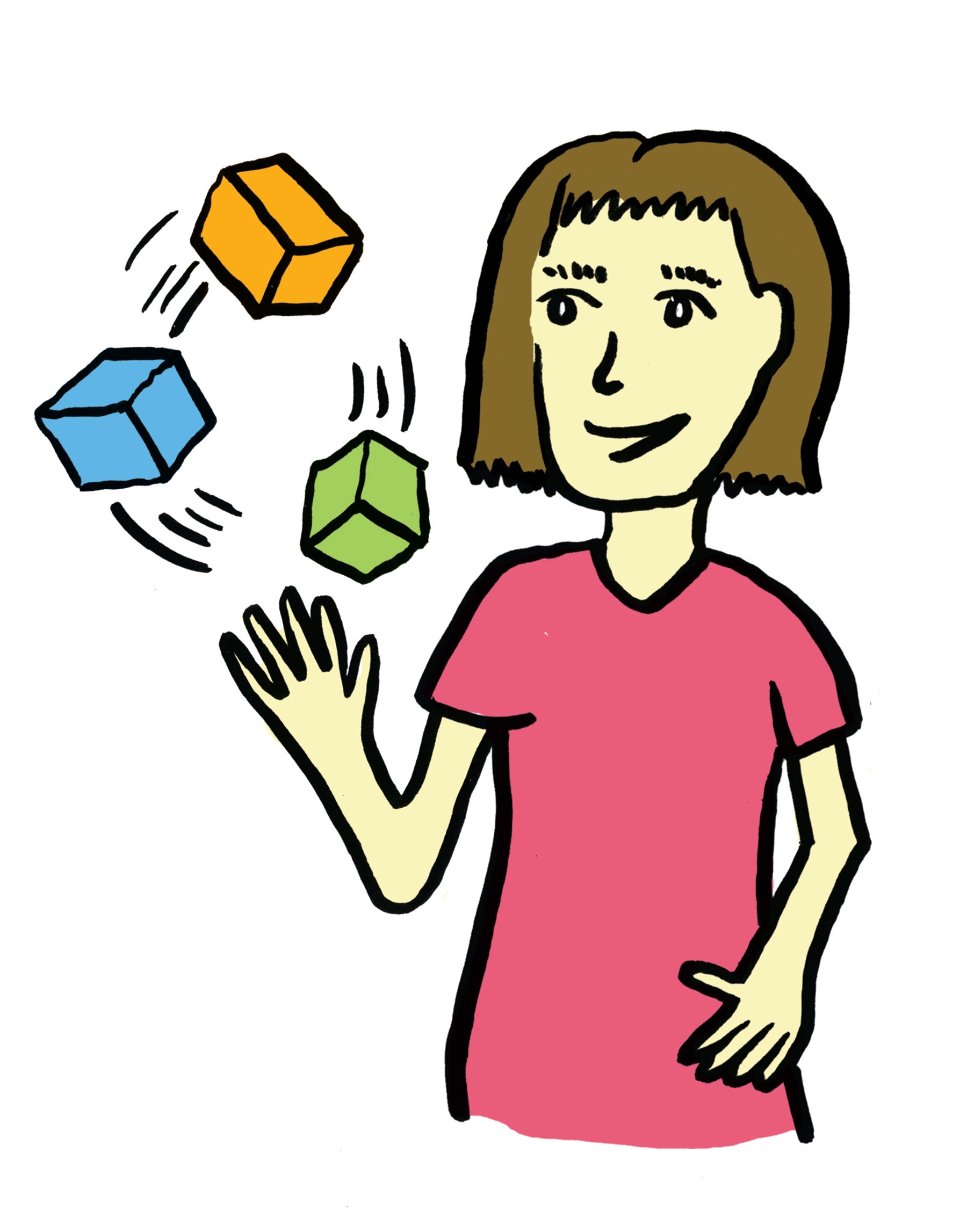 Illustration of a young woman juggling cubes with one hand as a metaphor as getting started. 