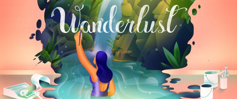 An illustration of Amanda Turner, who is wearing a purple dress. She is painting the word "Wanderlust" in front of a waterfall mural that appears to be pouring out from the wall. The scene is in a pink room with paint cans and rollers on the floor.