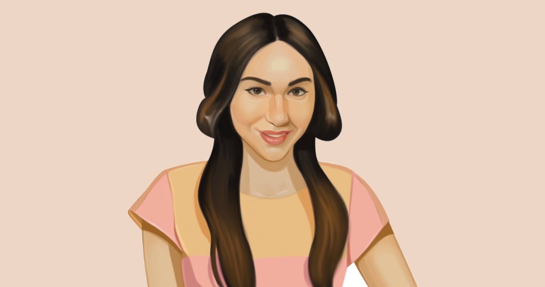 Portrait illustration of Yegi Beauty founder Yegi Saryan against a peach background wearing a pink blouse. 