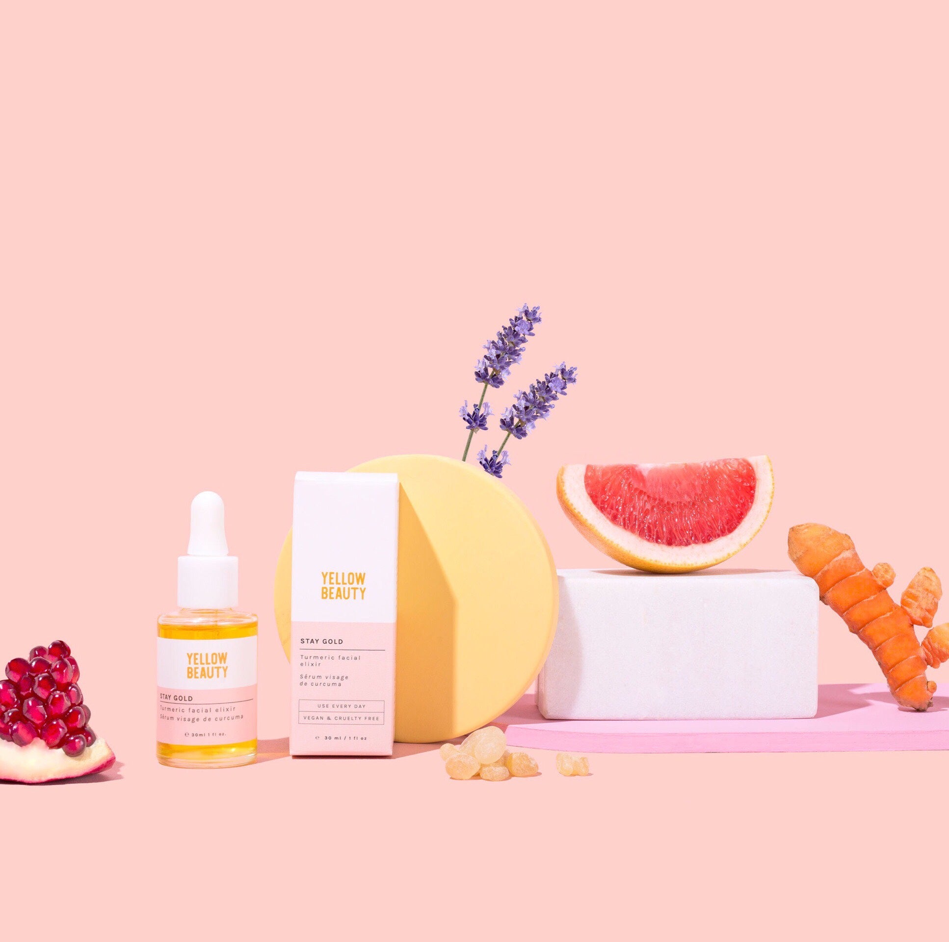 A selection of natural skincare products by Yellow beauty that are vegan and cruelty free.