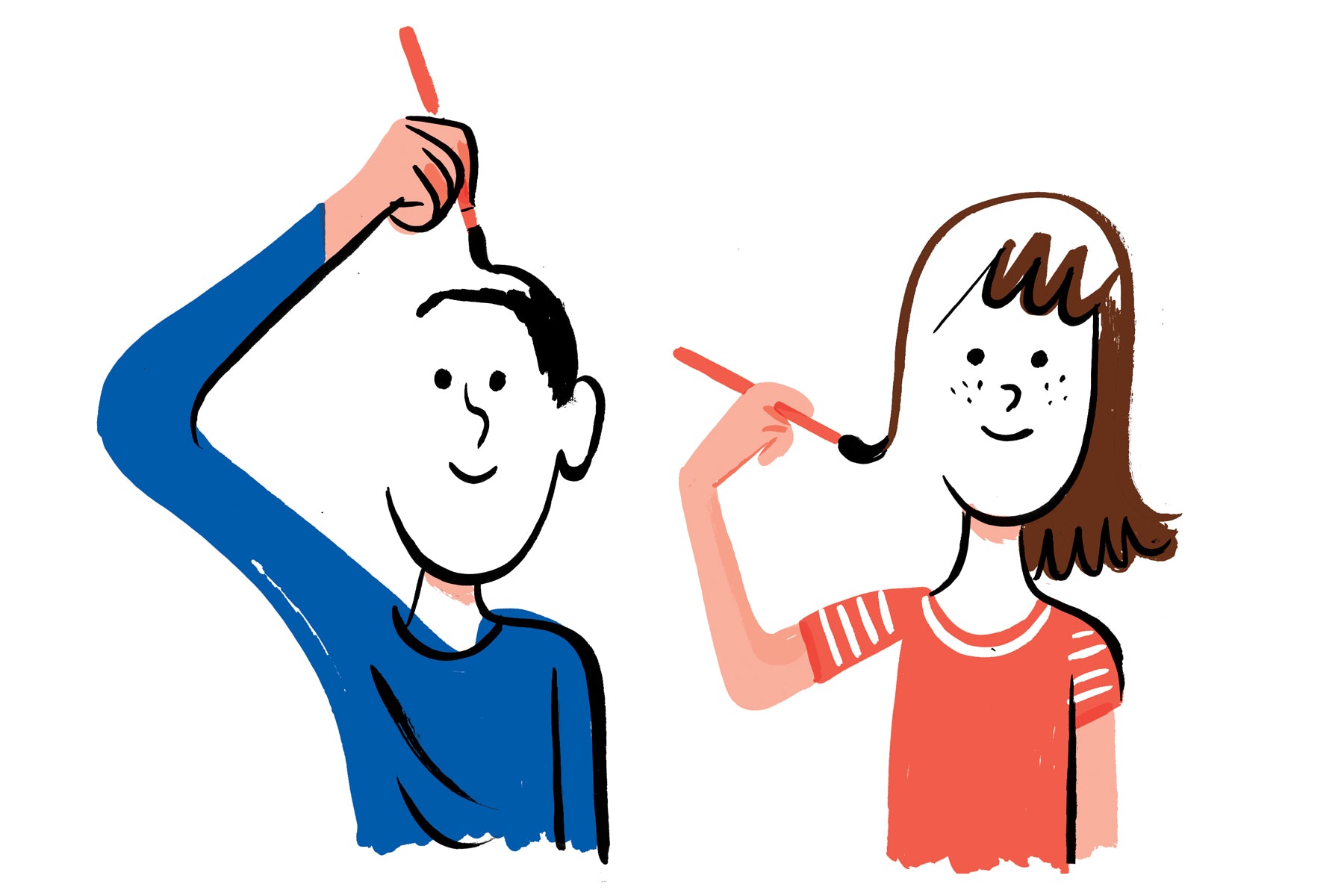Illustration of a young boy wearing blue and a young girl wearing red, drawing themselves. 
