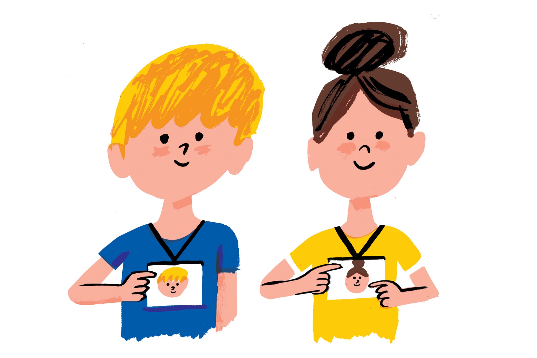Illustration of two young children smiling, wearing lanyards with drawings of their own faces on them. 