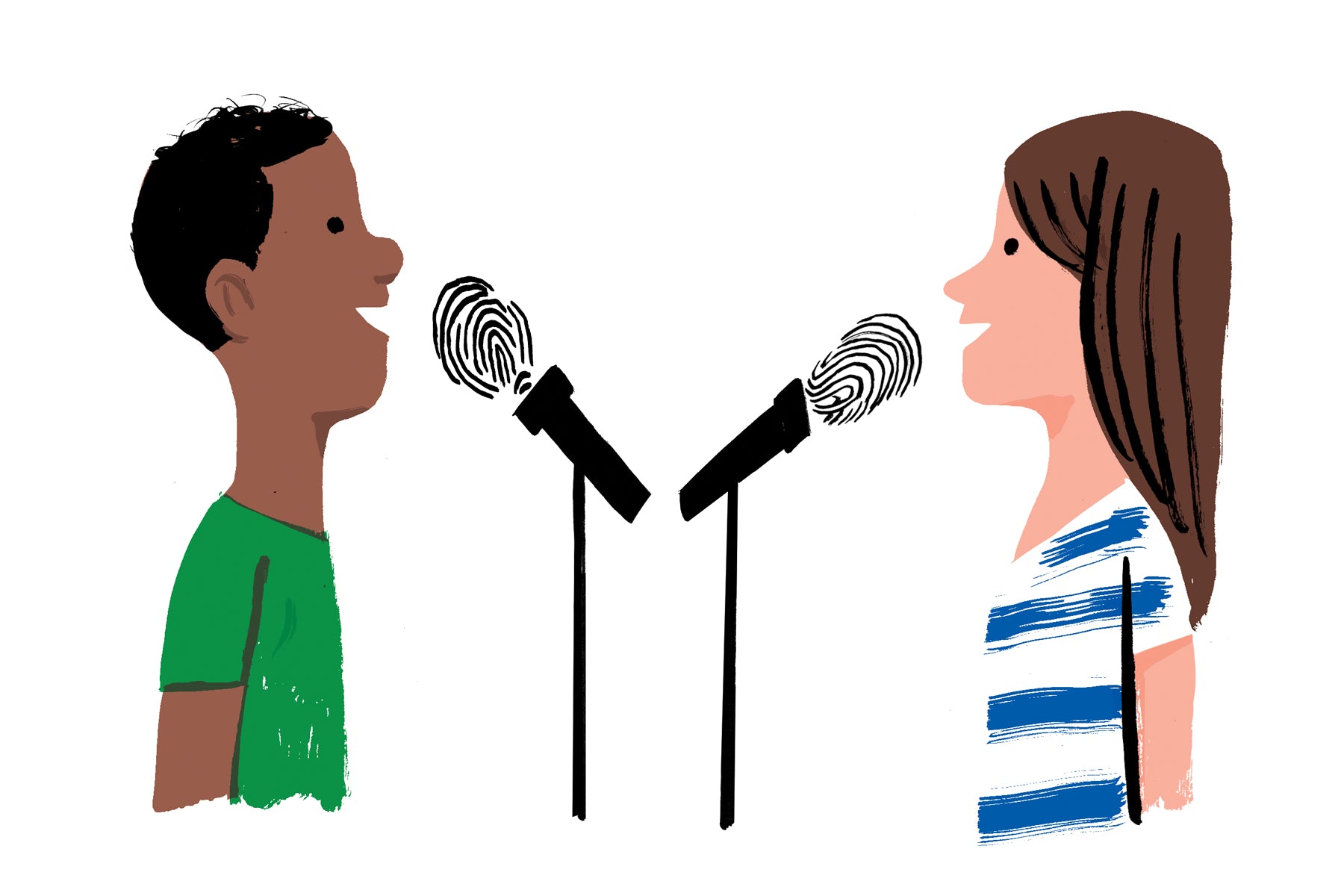 Illustration of two children, one black boy and one caucasian girl, speaking into a microphone but the microphone is a fingerprint. This is a metaphor for their individuality as they are introducing themselves. 