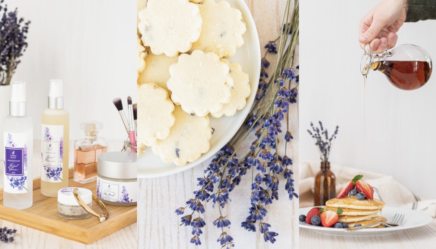 Collage of products from Terre Bleu. Beauty products (left), shortbread cookies (center), and maple syrup (right). 