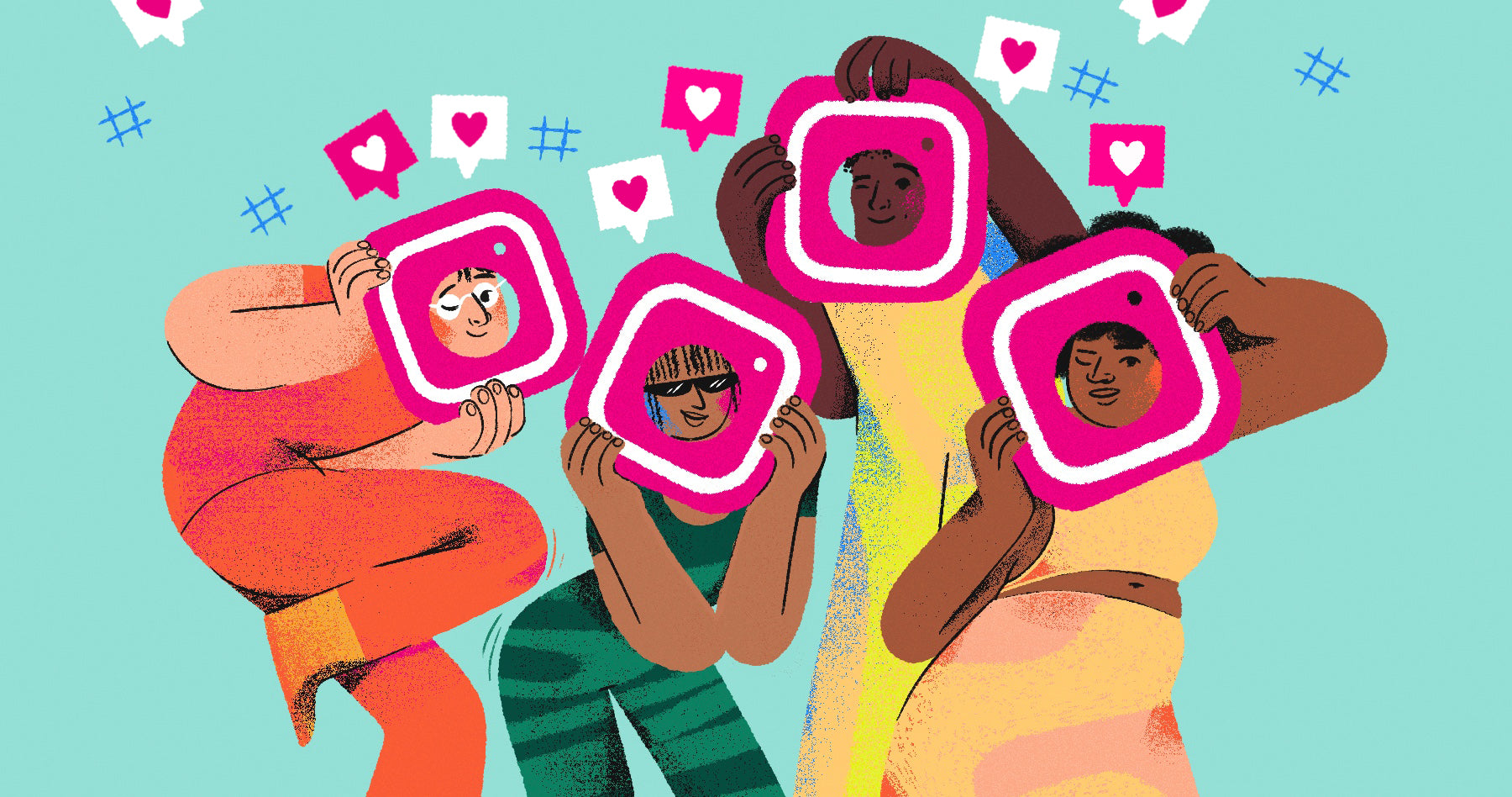 Illustration of four characters looking through the Instagram logo with hashtags and hearts surrounding them. This is a metaphor for gaining new followers.